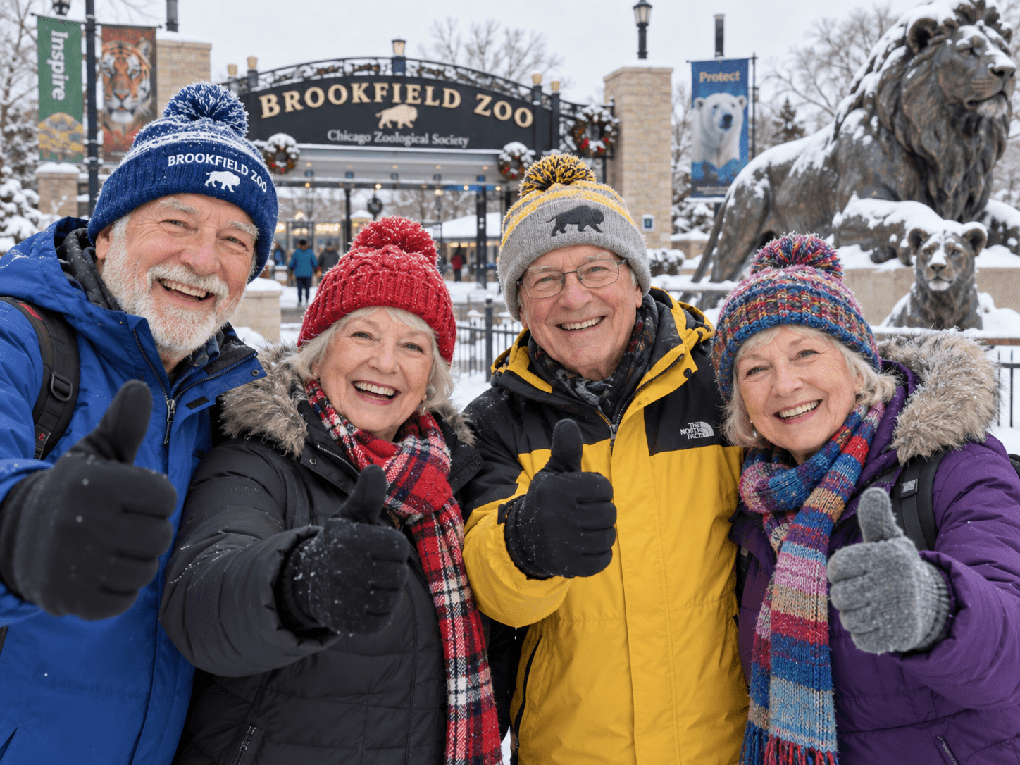 Four smiling older adults in winter hats and scarves giving a thumbs-up in front of the snowy Brookfield Zoo entrance