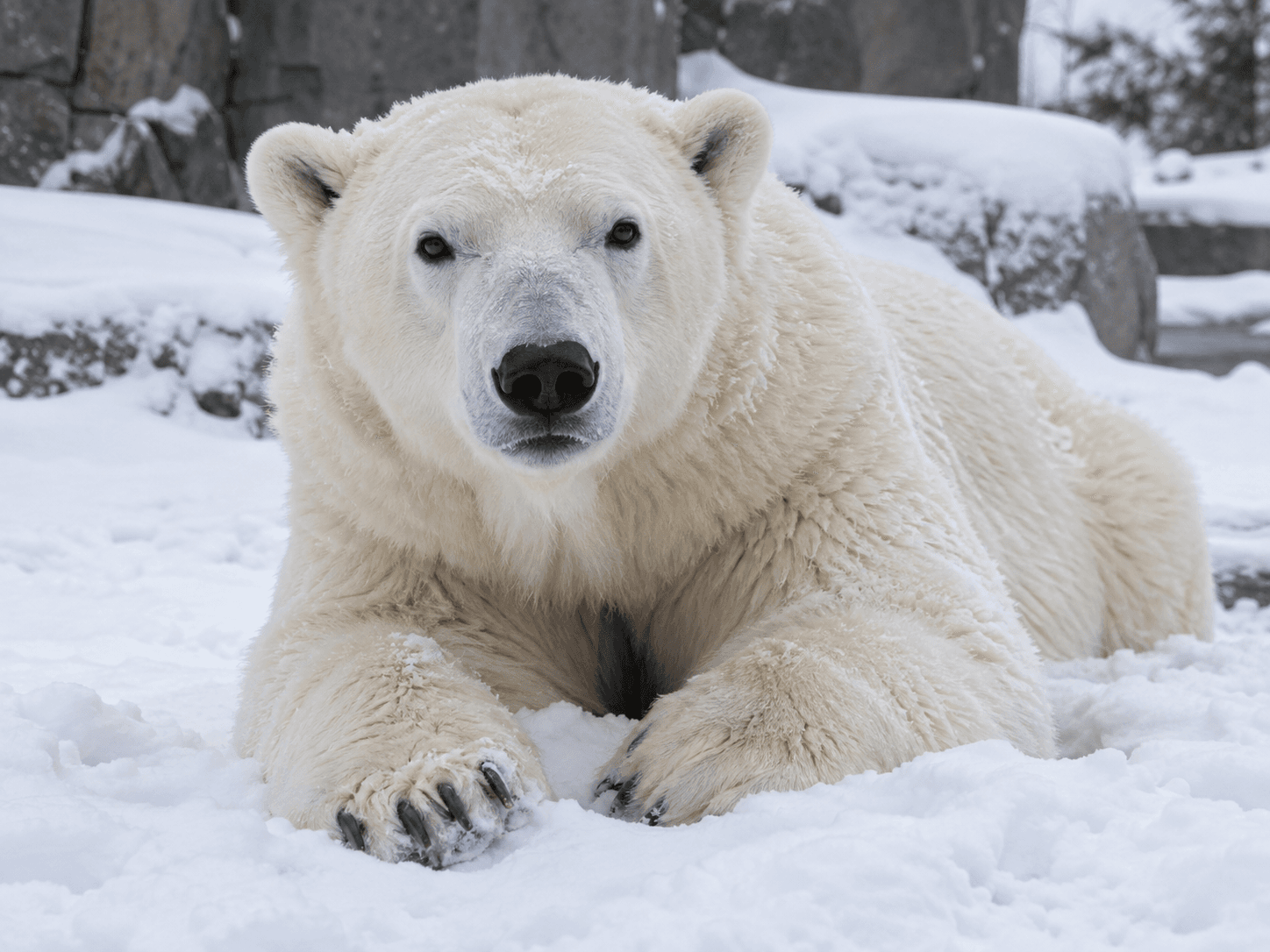 A polar bear resting in fresh snow, looking directly at the camera