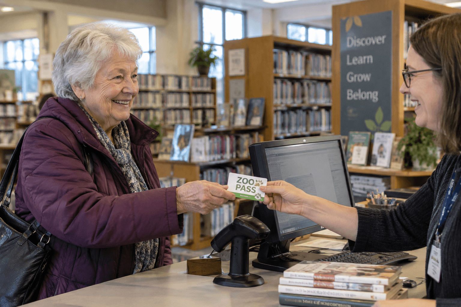 An older woman smiling as a librarian hands her a Zoo Pass card at the library checkout desk