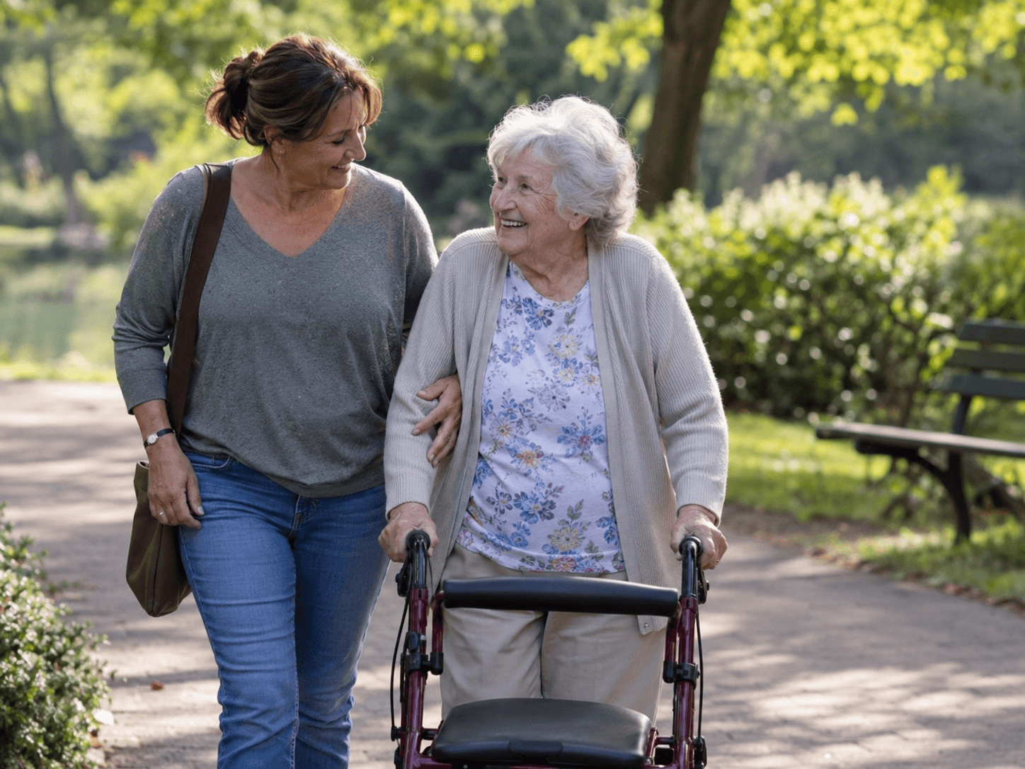 A middle-aged woman walking arm in arm with her elderly mother, who is using a rollator, along a sunny park path
