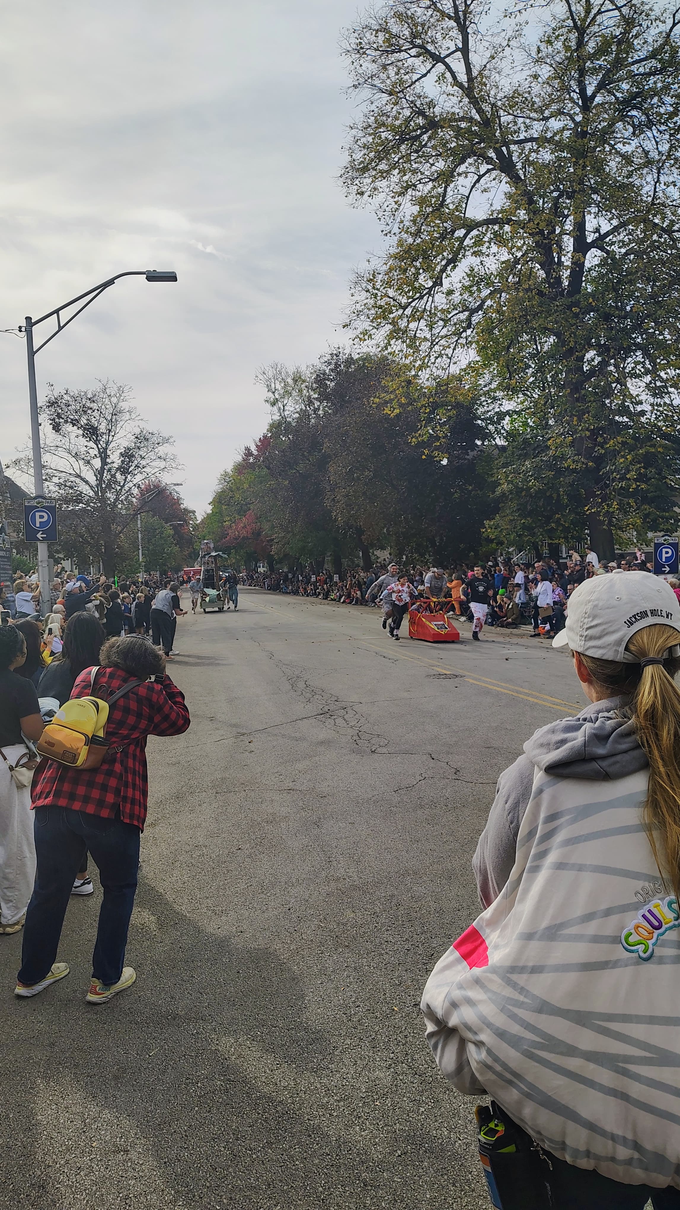 A dense crowd lining both sides of Beloit Avenue, watching a casket team race down the street under fall trees