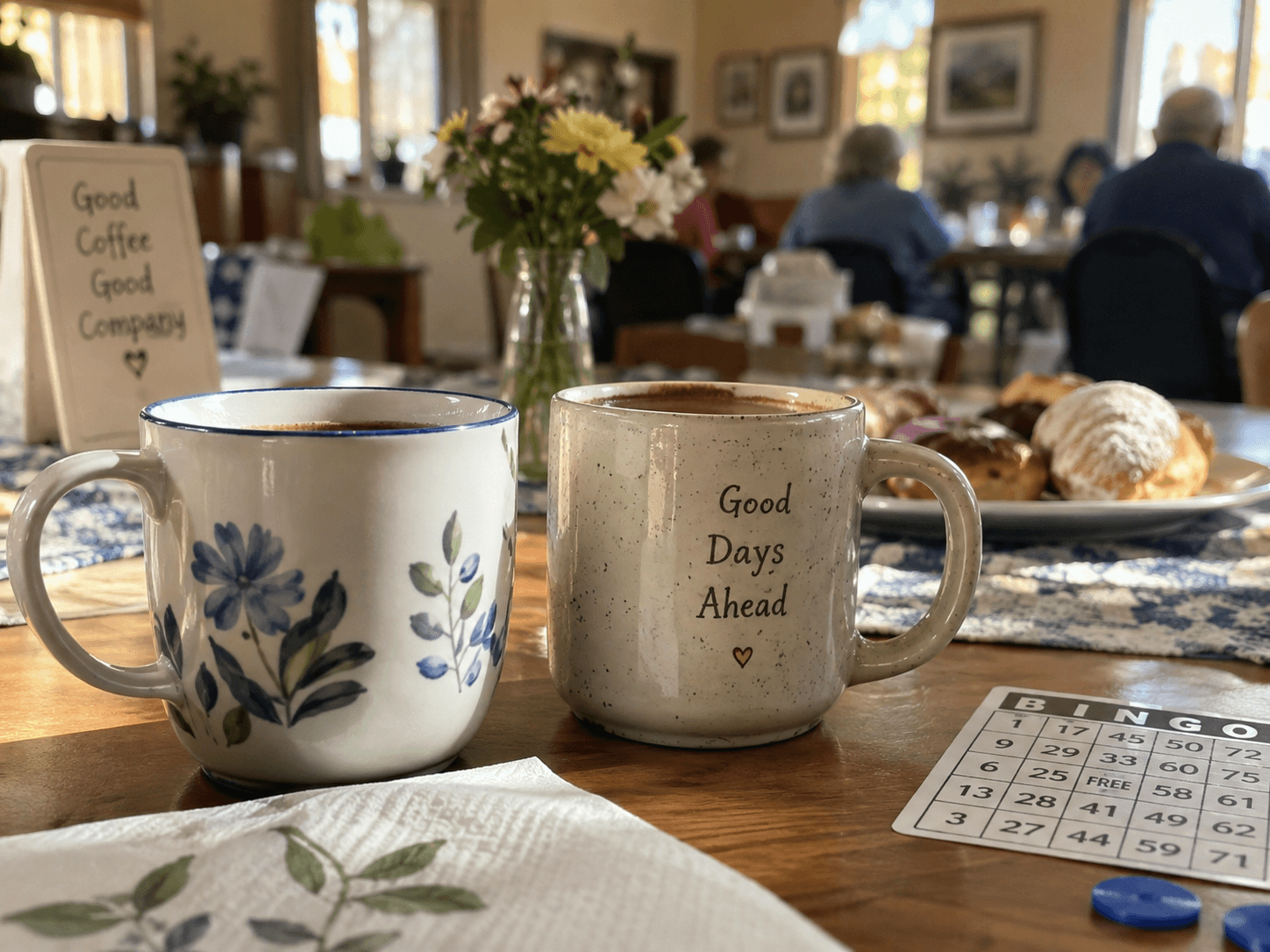 Coffee mugs and pastries on a table at a senior social program, with a bingo card blurred in the background