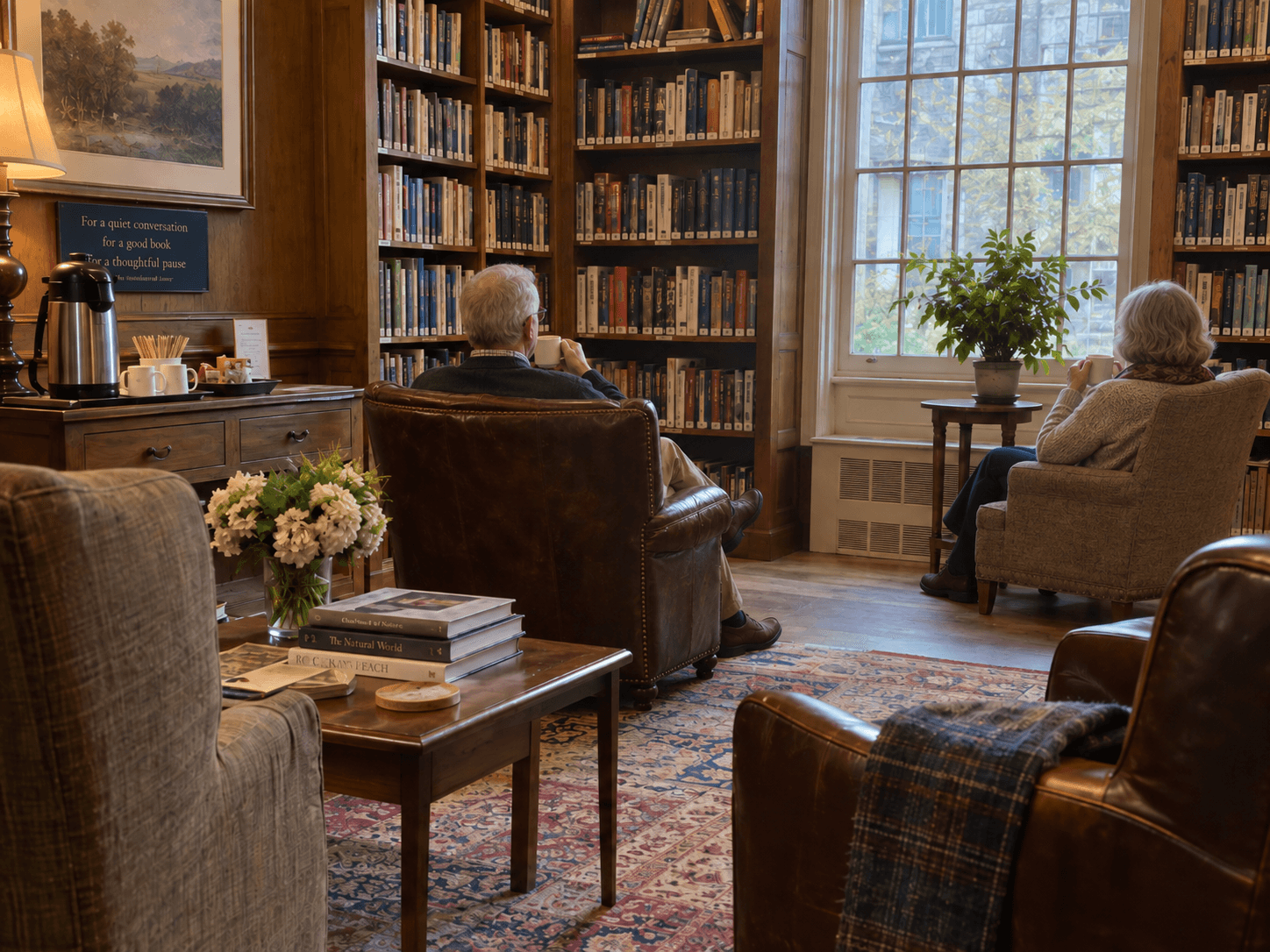 A library reading room with armchairs and a coffee and tea service on a side table