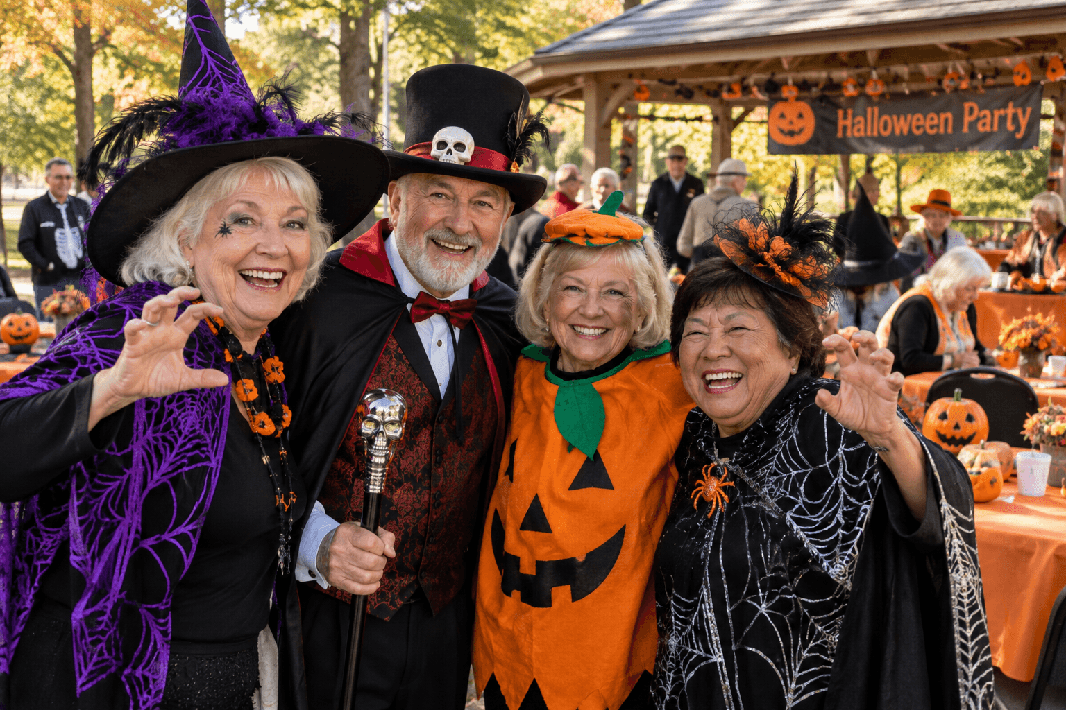Four smiling older adults in Halloween costumes -- a witch, a vampire, a jack-o'-lantern, and a spider-web cape -- posing together at an outdoor Halloween party