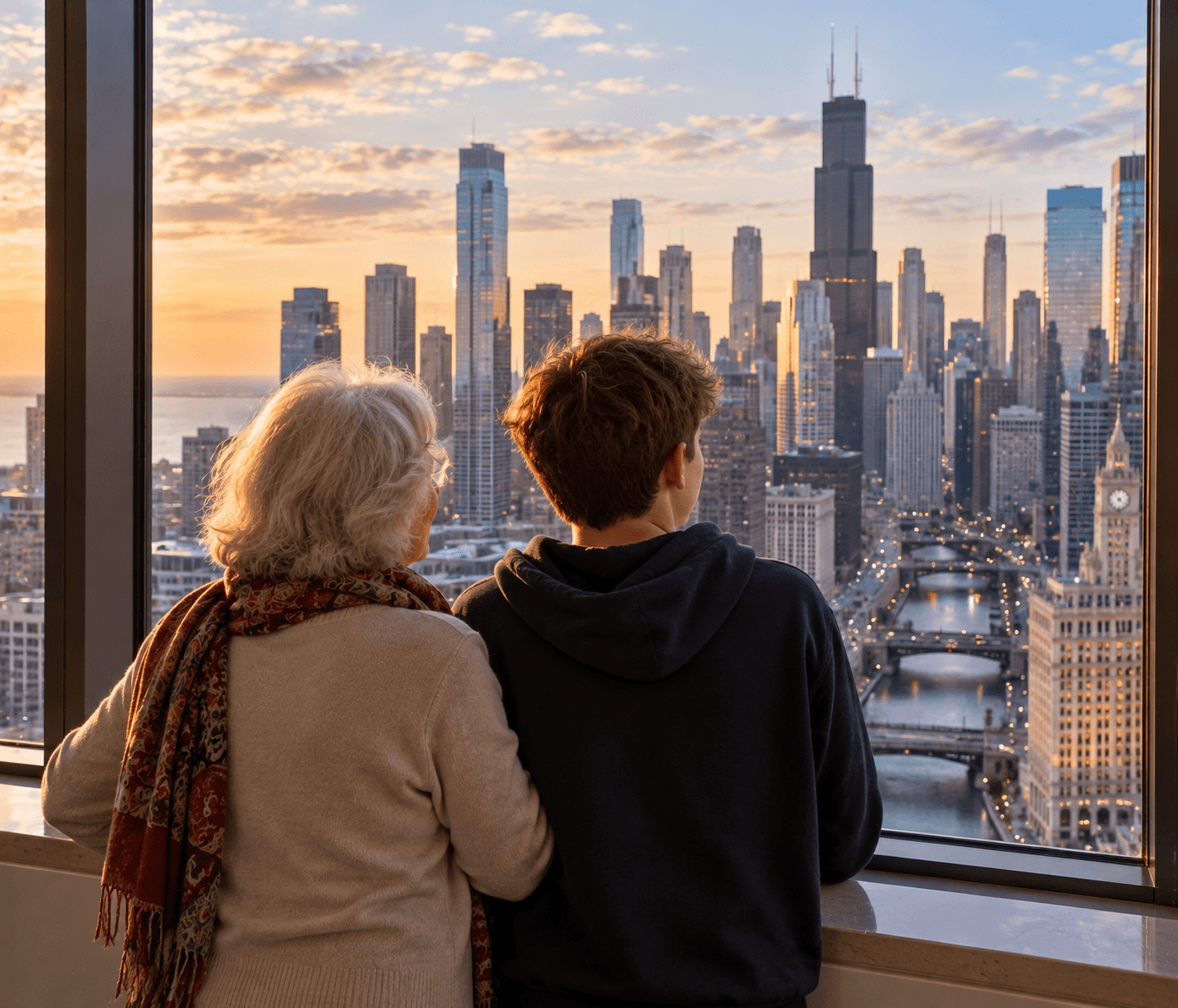 A grandmother and teenage grandson, seen from behind, looking out a high window over the Chicago skyline together