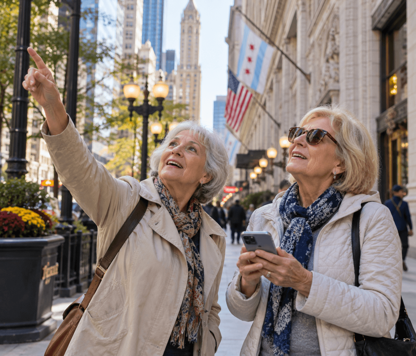 Two older women sightseeing on a downtown Chicago sidewalk, one pointing up at a building while the other checks her phone