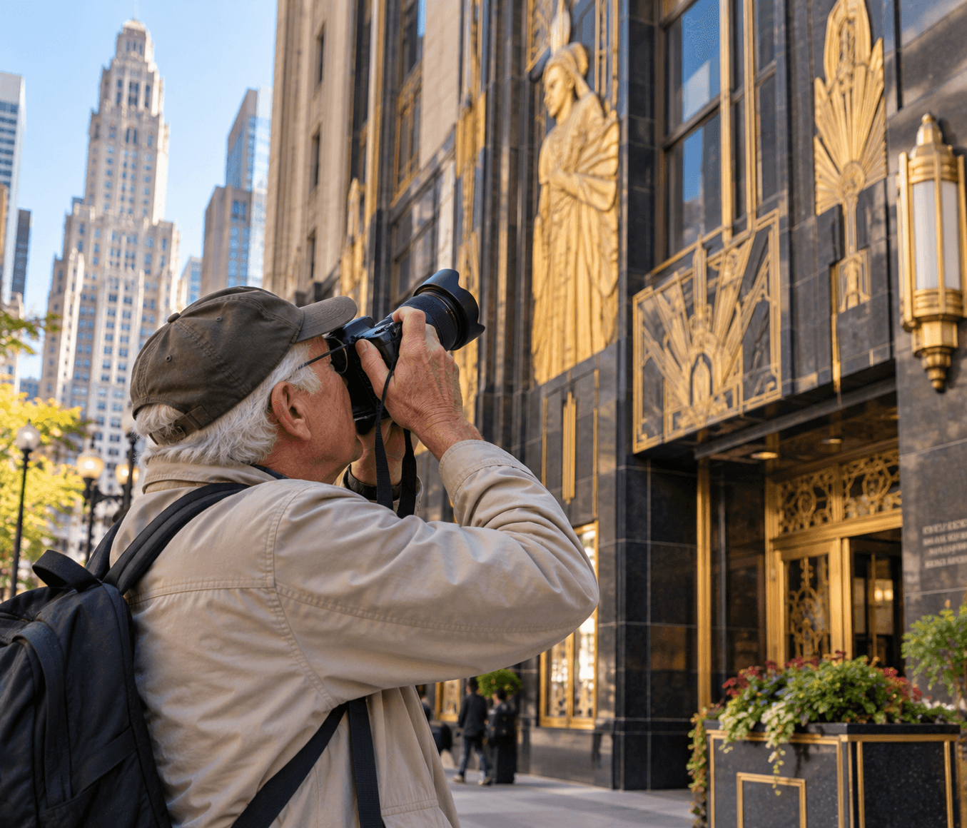 An older man with a camera photographing the gold Art Deco facade of a downtown Chicago building