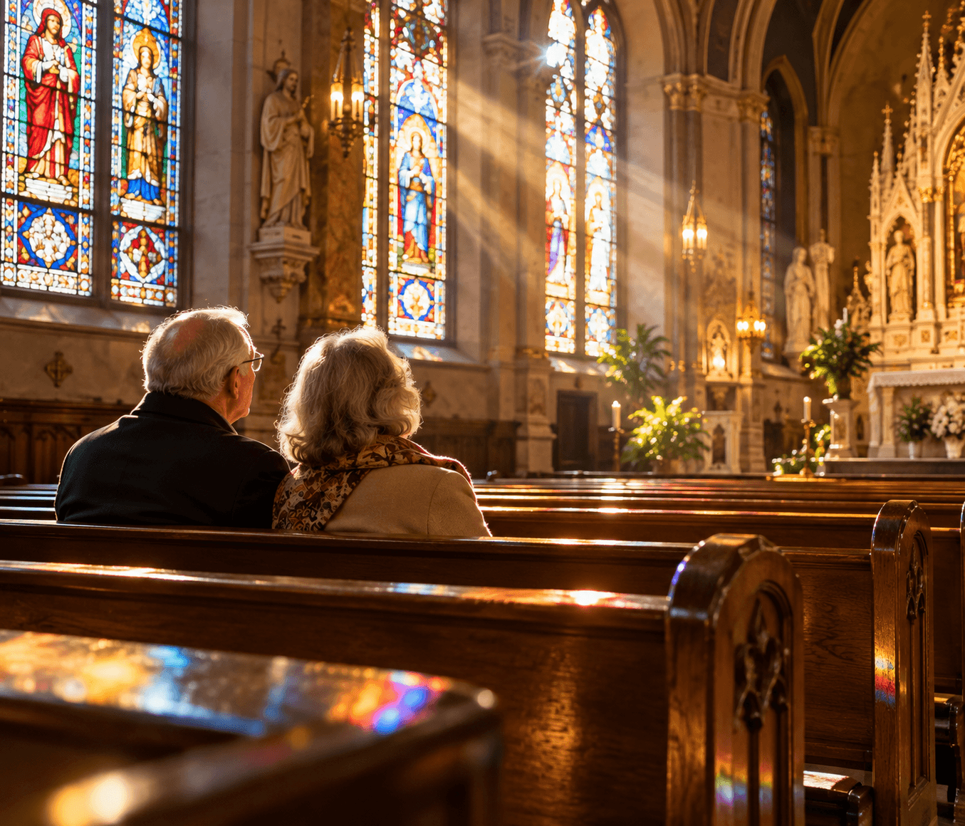 An older couple sitting quietly in a church pew as sunlight streams through stained glass windows