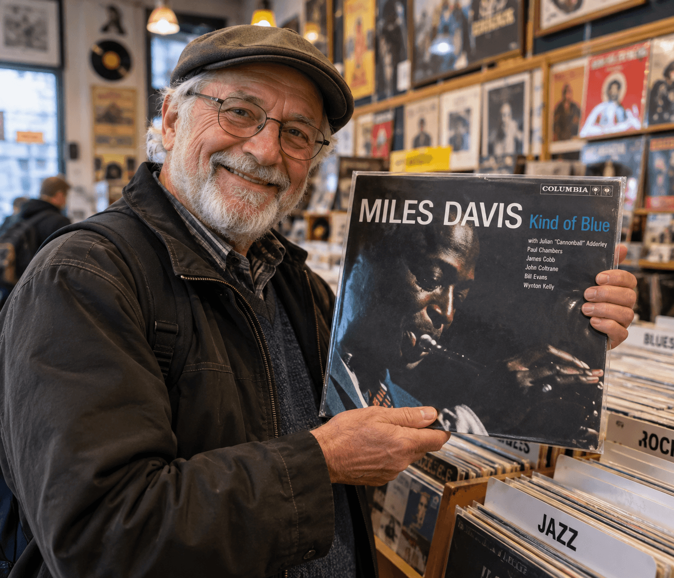 A smiling older man in a cap holding up a jazz vinyl record in a record shop