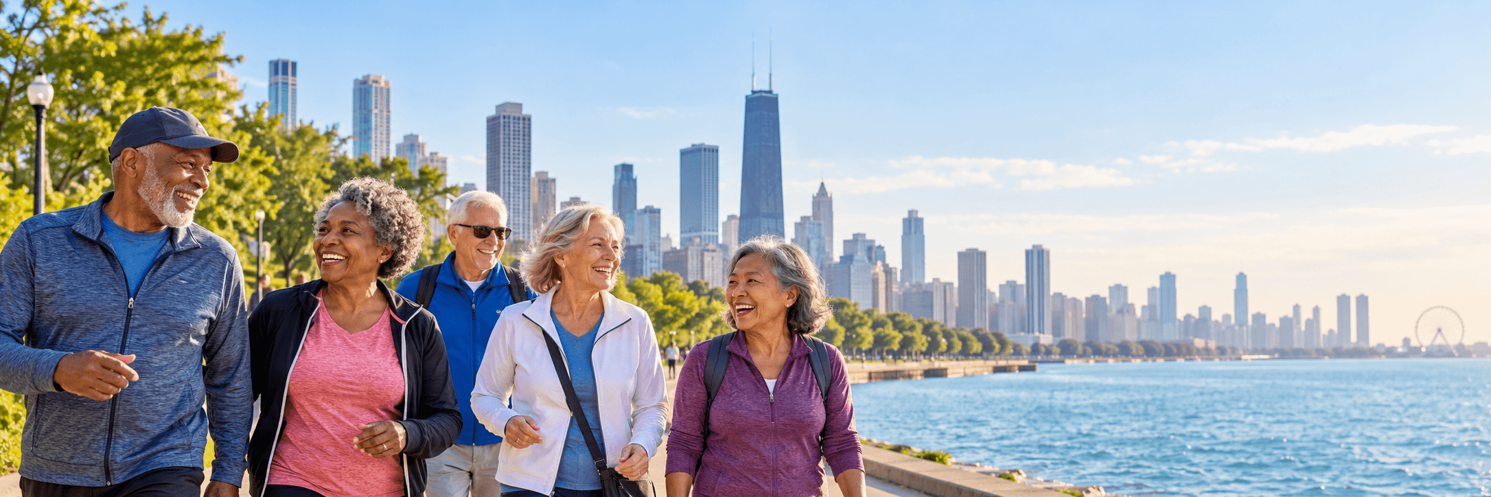 Five active adults smiling and walking together along the Chicago lakefront, with the downtown skyline behind them