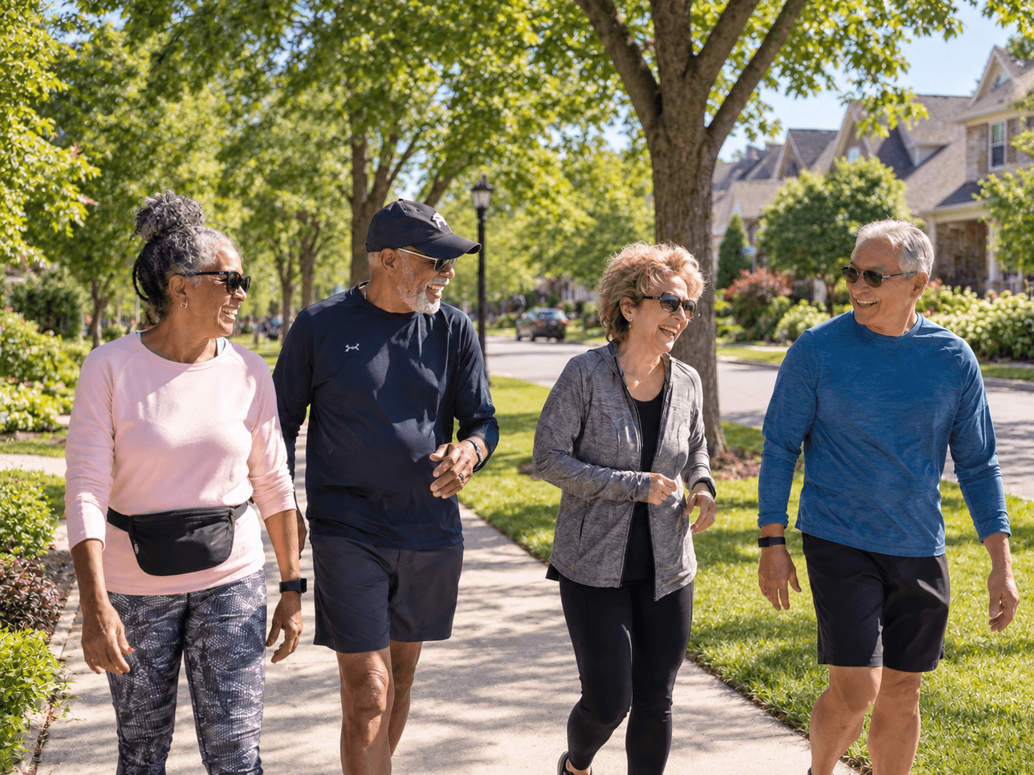 Four active older adults laughing together while walking down a tree-lined sidewalk in a suburban neighborhood
