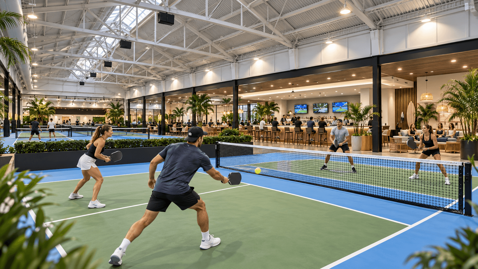 Indoor pickleball courts with a full bar and lounge area visible in the background