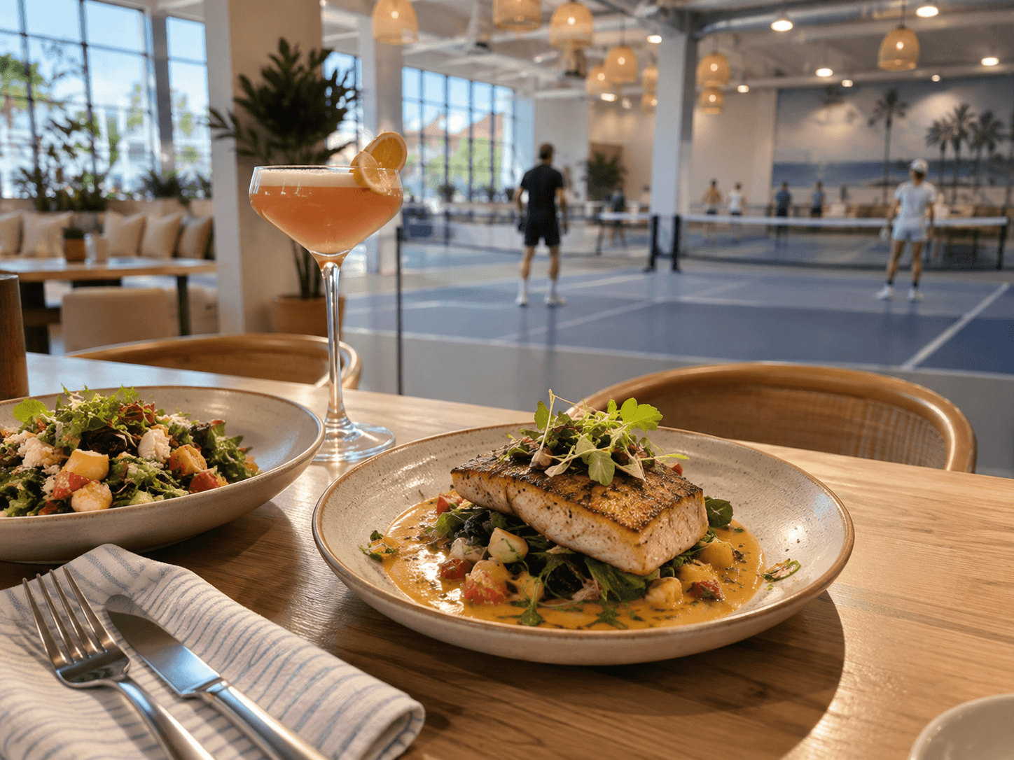 A cocktail and a plated dinner on a table, with a pickleball court visible in the background