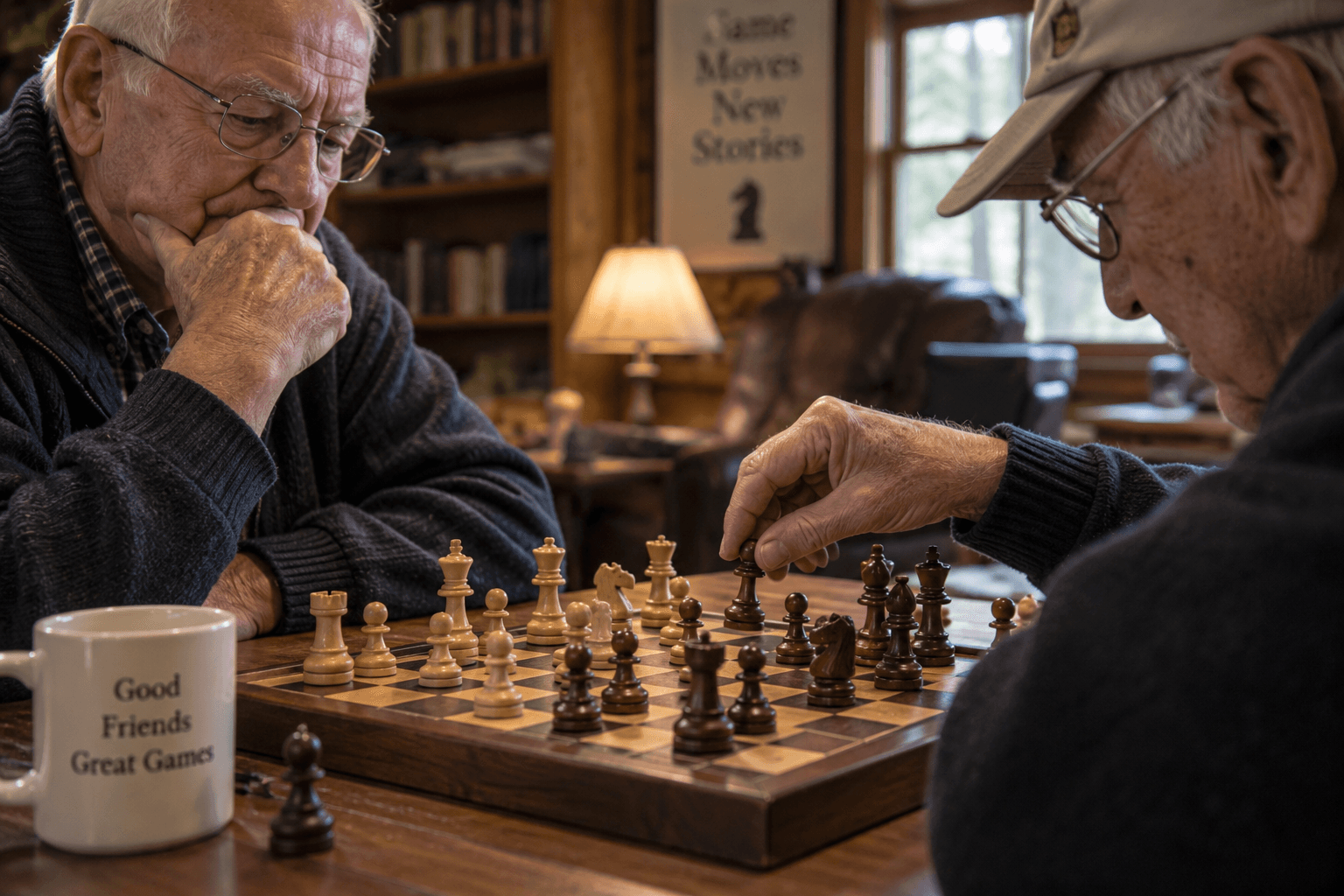 Two older men facing off over a chessboard, one resting his chin on his fist in concentration