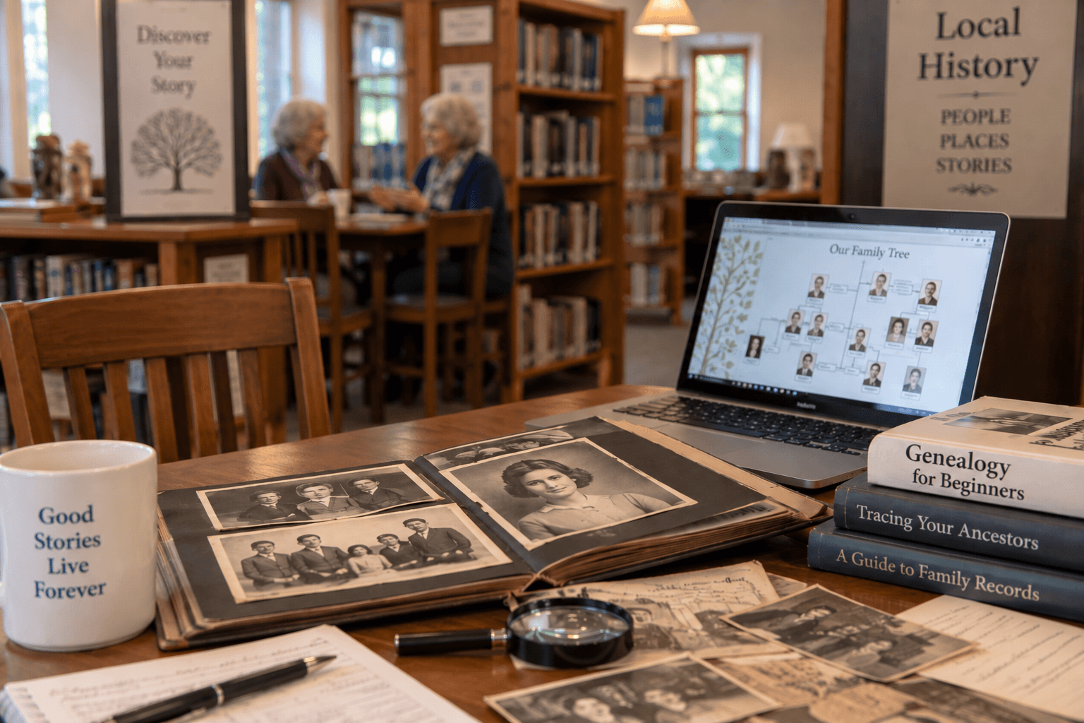 A senior woman at a library table with an old family photo album open next to a laptop showing a family tree