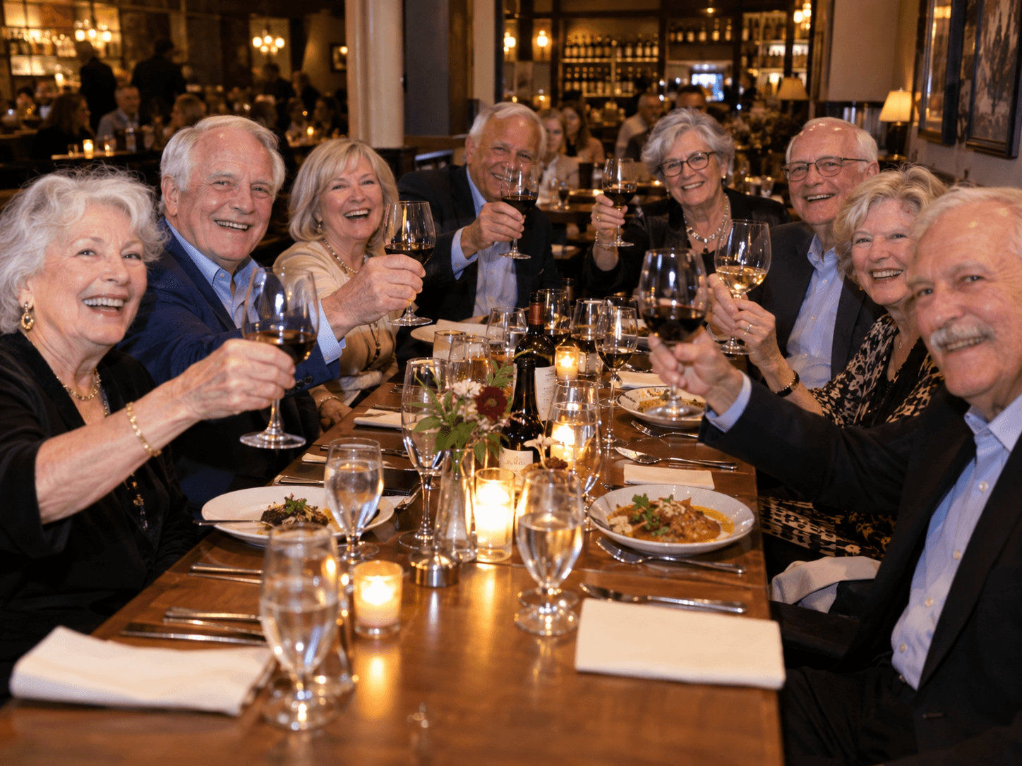 A lively group of ten seniors at a long restaurant table raising wine glasses in a toast, all laughing