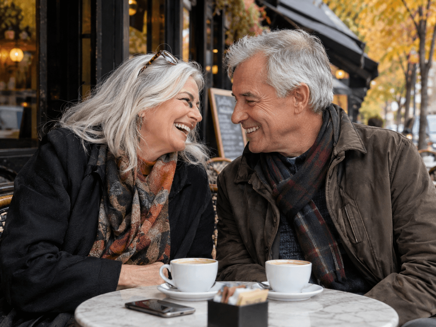 A silver-haired couple in their late 60s laughing over coffee at a sidewalk cafe table, fall leaves in the background
