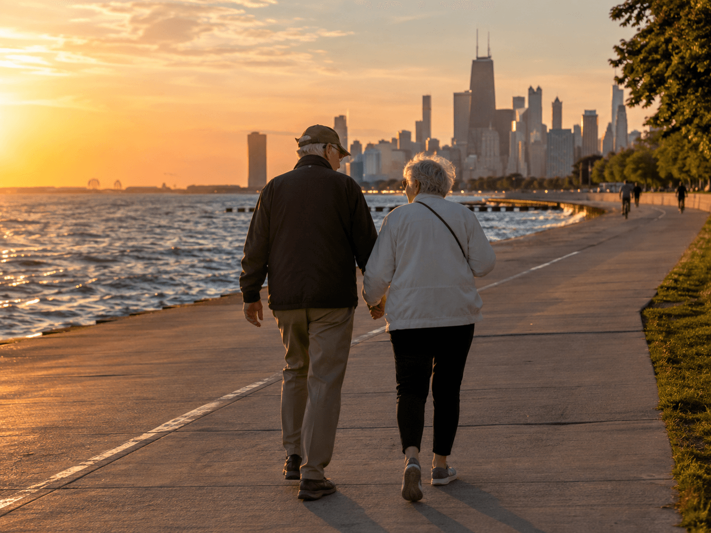 An older couple walking side by side on a Chicago lakefront path at golden hour, holding hands
