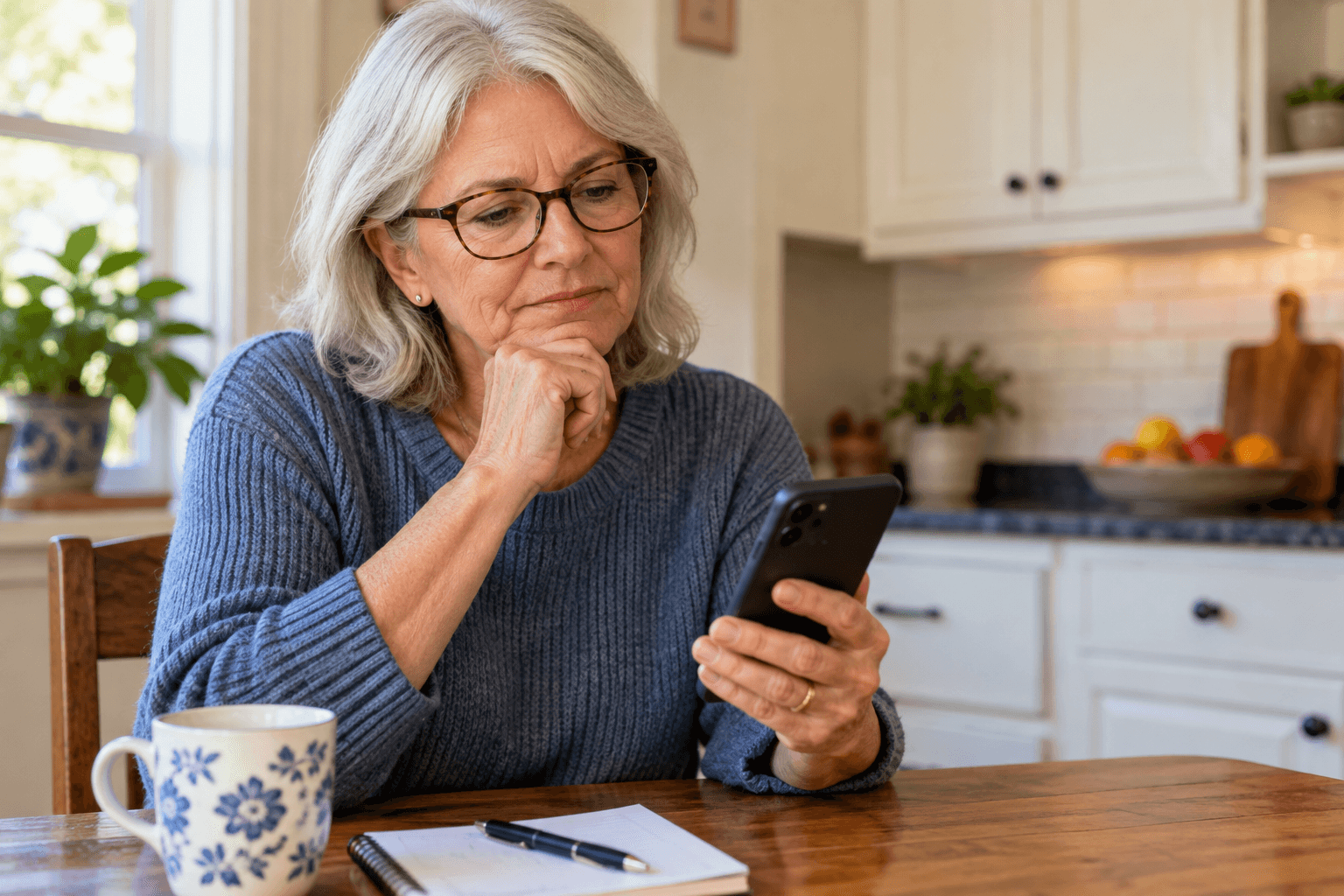 An older woman at her kitchen table looking at her phone with a thoughtful, skeptical expression