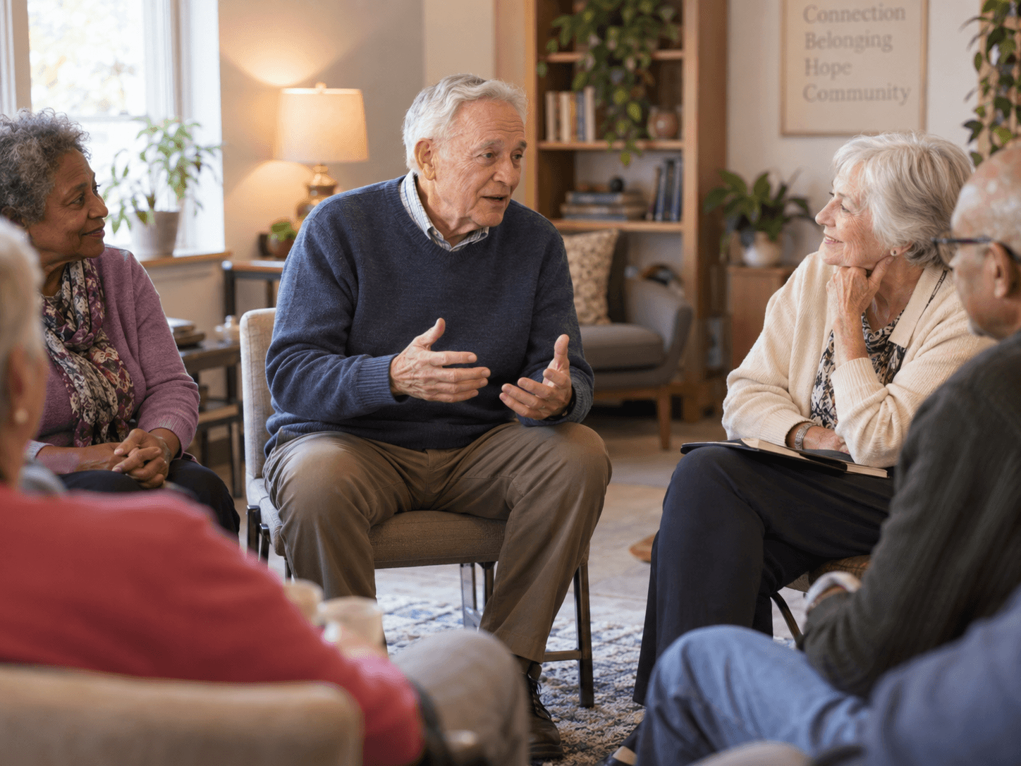 A small circle of older adults talking warmly in a softly lit community room