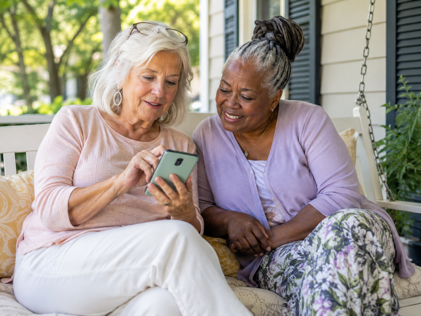 Two older friends on a porch swing, one showing the other something on her phone